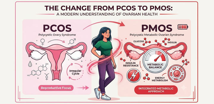 Diagram comparing PCOS (Polycystic Ovary Syndrome) and PMOS (Polycystic Morphology Ovary Syndrome) — a modern understanding of ovarian hormonal health