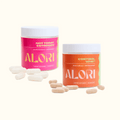 ALORI Not Today, Estrogen and Cortisol, Who? supplement jars with capsules displayed together on a light background