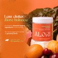 ALORI Cortisol, Who? supplement jar surrounded by fresh fruit with Less Clutter More Balance text overlay