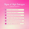 Signs of high estrogen infographic listing symptoms: mood swings on edge, extra hard on yourself, bloating and water retention, stubborn lower belly weight gain, trouble sleeping or low energy, heavy or irregular periods