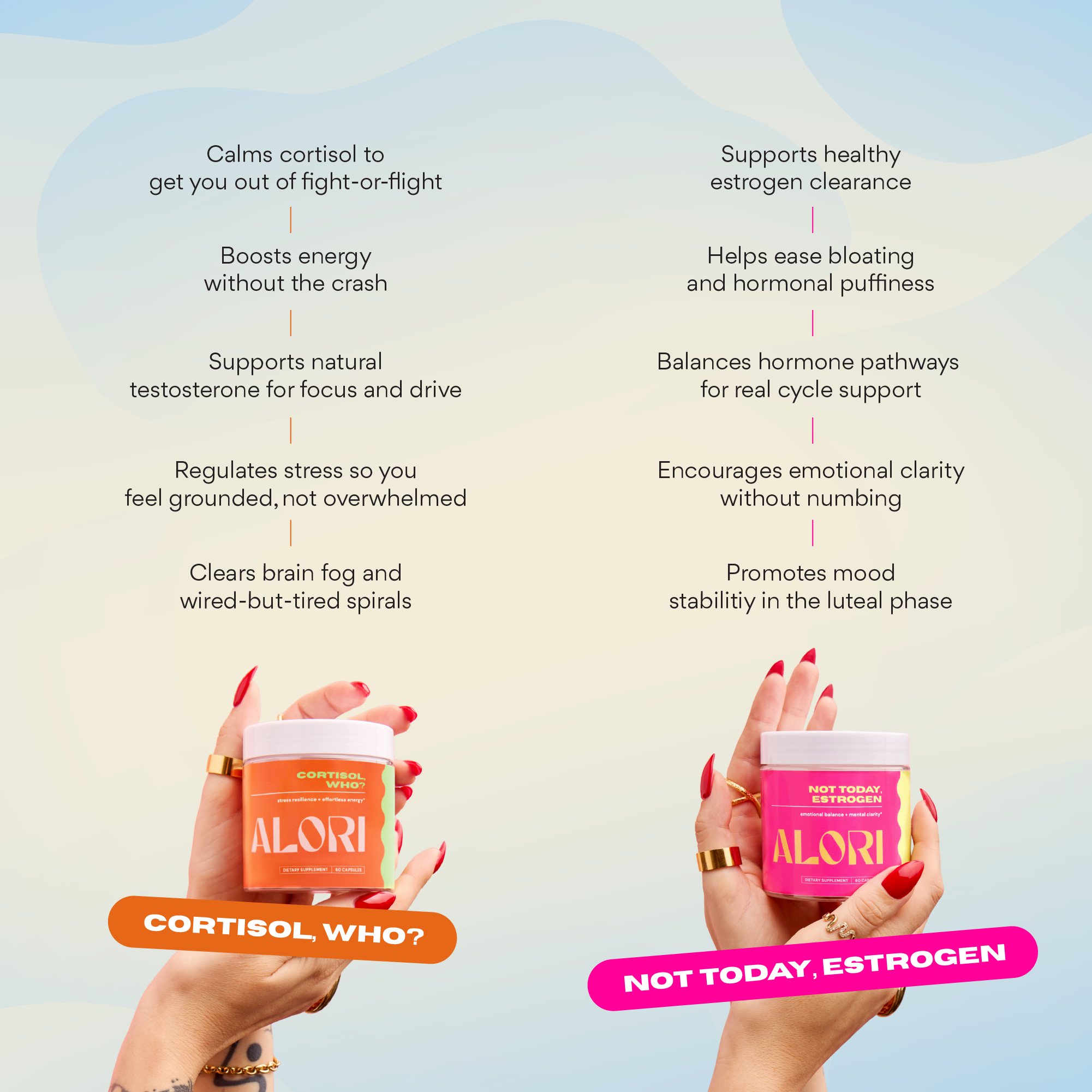 Side-by-side benefits of daily use for Not Today, Estrogen and Cortisol, Who? supplements in The Balanced Baddie Bundle