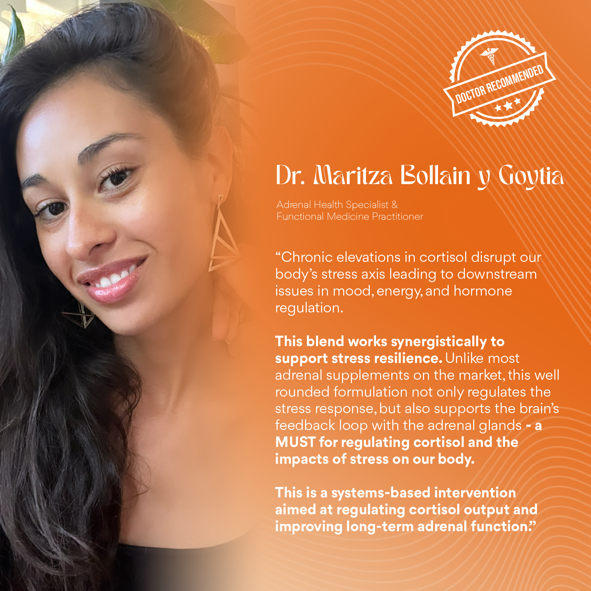 Doctor Maritza Bollen y Goyita endorsement card for ALORI Cortisol, Who? supplement