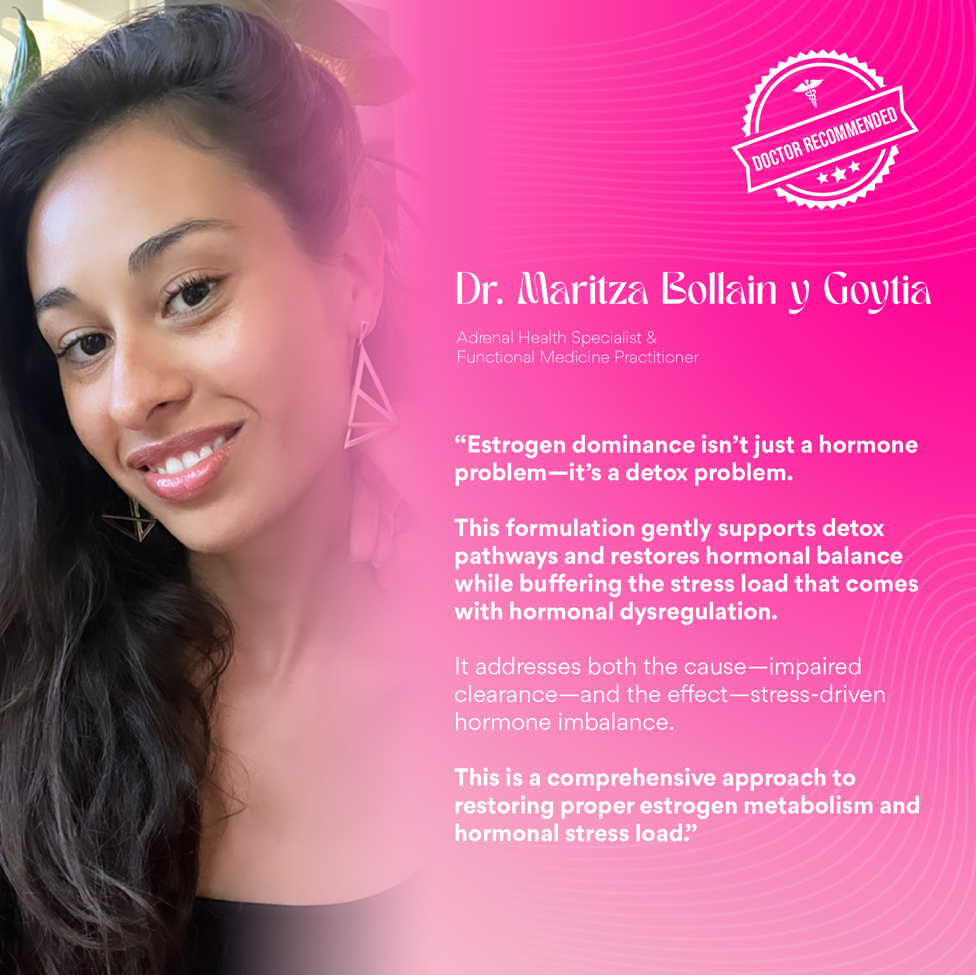 Doctor Maritza Bollen y Goyita endorsement card for ALORI Not Today, Estrogen supplement for hormonal balance